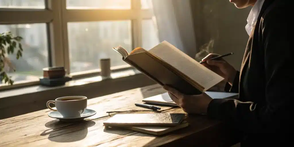 Person applying active reading strategies by taking notes from a book for deep comprehension.