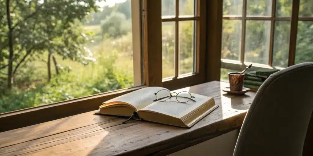 7 Ways to Improve Reading Skills & Master Any Text 3 An open book and glasses on a desk, a tool for the 7 ways to improve reading skills.