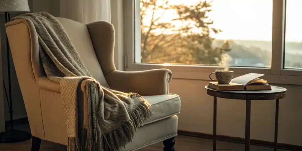 8 Ways to Improve Reading Speed and Comprehension 2 Cozy reading nook with an open book, set up to improve reading speed and comprehension.