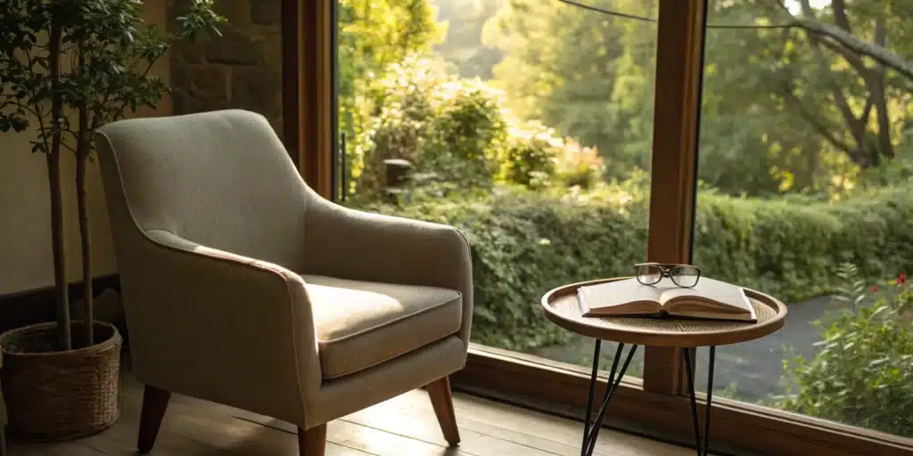 9 Steps to Master Deep Focus Reading for Good 7 A quiet reading nook with an open book, set up for deep and focused reading.