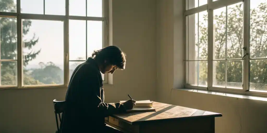 A person using focus learning techniques by writing in a notebook at their desk.