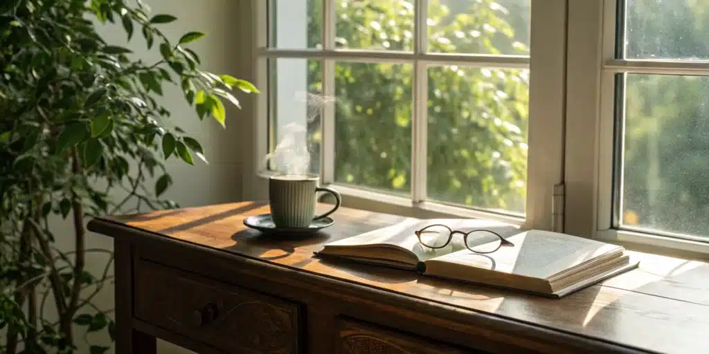 A study setup with a book and glasses for getting better at reading comprehension tests.