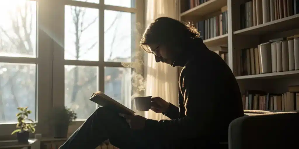 A man focused on a book, improving his reading speed and comprehension.