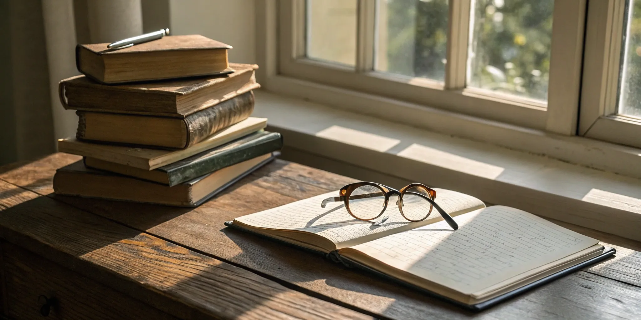 Reading Genius® 3.0 Blog 91 Open book and notebook with glasses on a desk for learning reading comprehension tips and tricks.