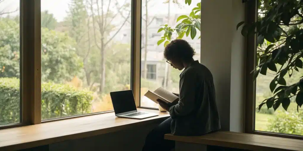 A person engaged in active learning with a book and laptop to learn faster.