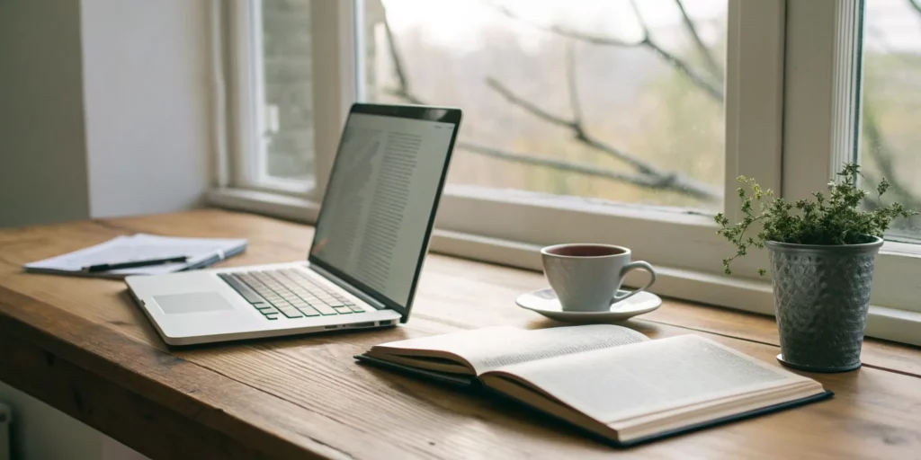 What's Your Speed Reading Speed? A Practical Guide 4 Laptop and open book on a desk, a quiet setting for improving reading speed.