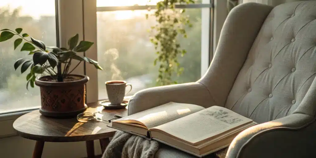 Whole Brain Reading 101: A Practical Guide 2 A comfortable reading nook with an open book, set up for a whole brain reading session.