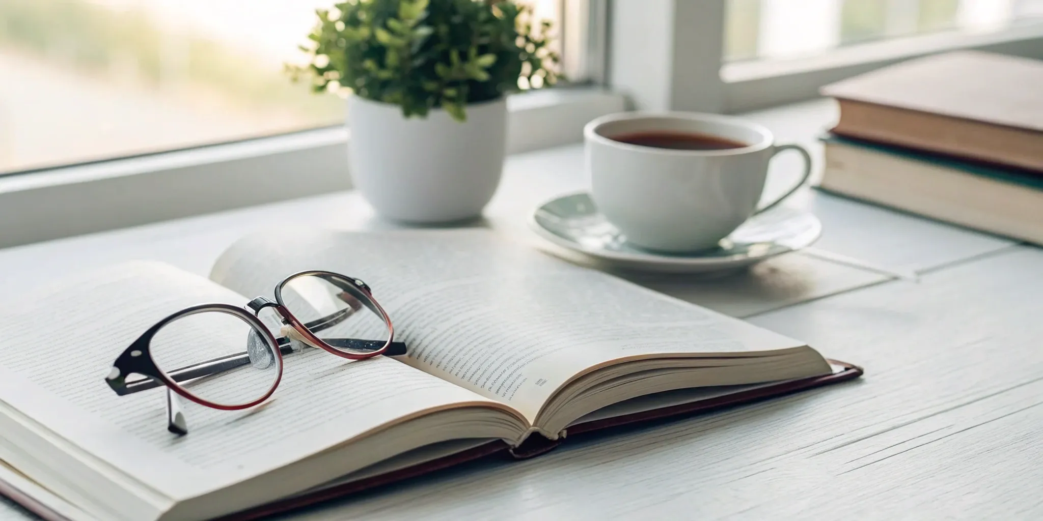 Reading Genius® 3.0 Blog 77 A desk with an open academic text and glasses, set up for using 4 reading strategies.