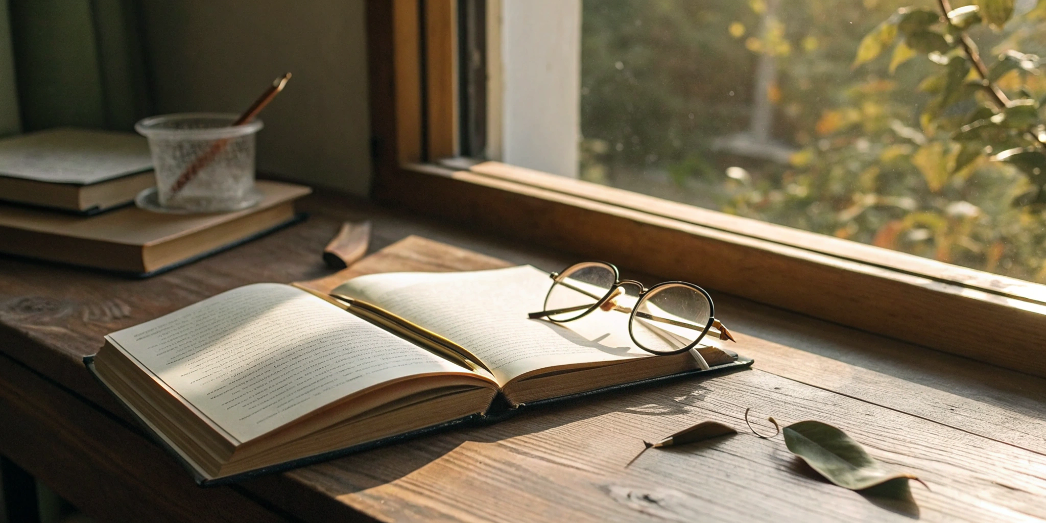 Reading Genius® 3.0 Blog 48 An open book with eyeglasses and a pen on a desk, used to build reading skills for clear communication.
