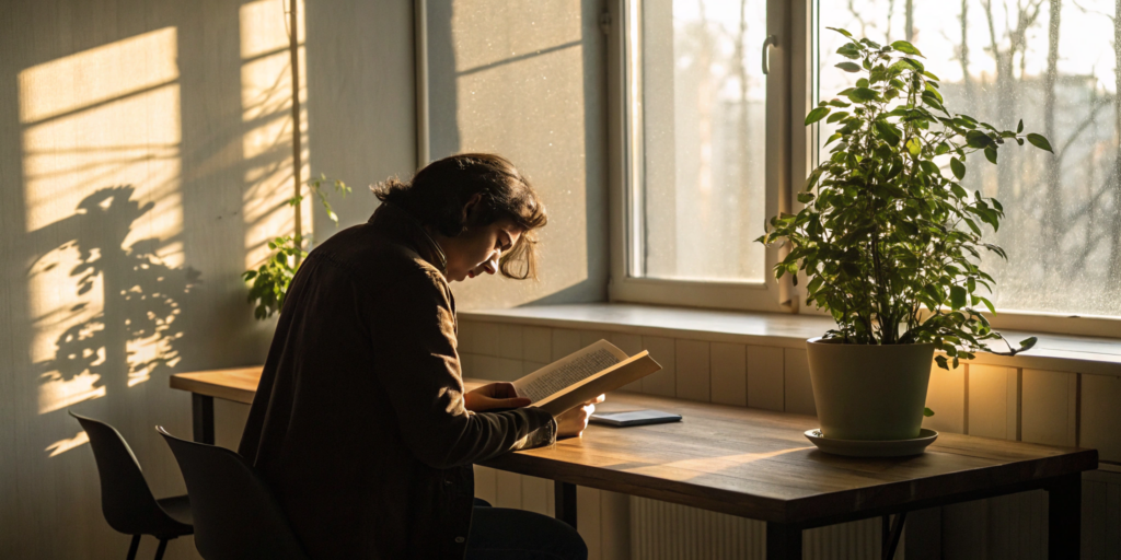 9 Key Factors That Affect Reading Performance 1 A person reading at a sunlit desk, a key factor that affects reading performance.