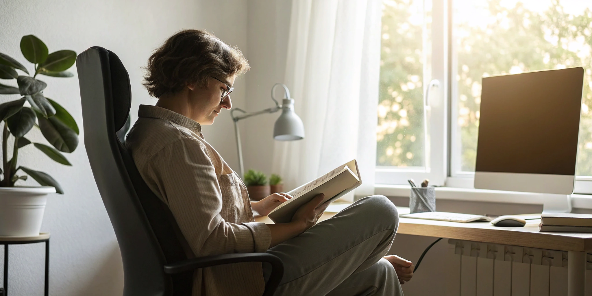 Reading Genius® 3.0 Blog 74 A person improving reading focus by reading in a quiet, organized environment.