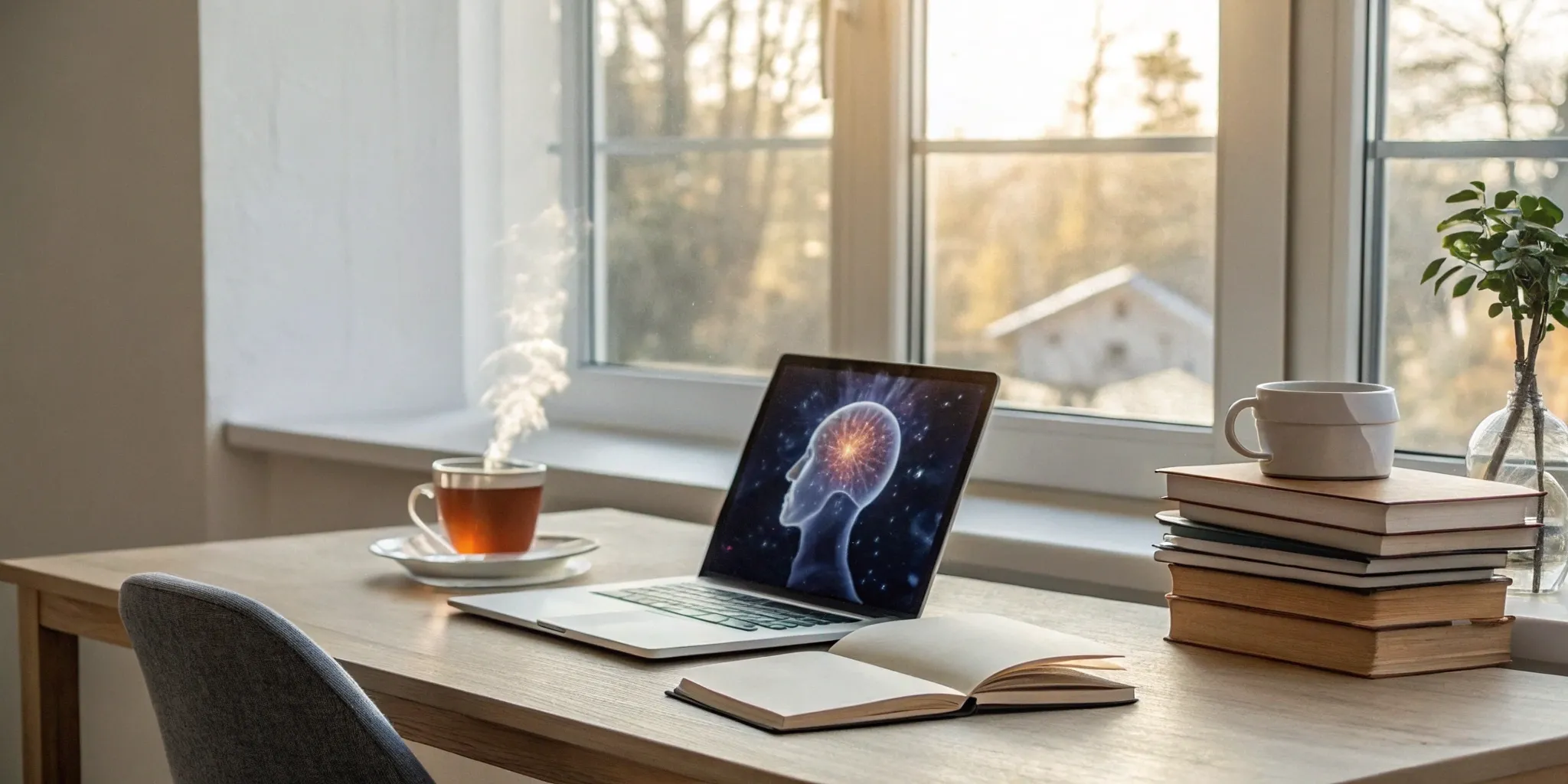 Reading Genius® 3.0 Blog 80 An organized desk with a laptop, notebook, and books, set up to improve your learning skills.