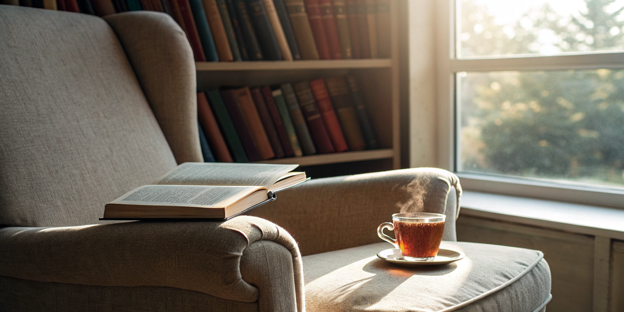 Reading Genius® 3.0 Blog 47 An open book in a sunlit nook, a peaceful result of achieving reading mastery.