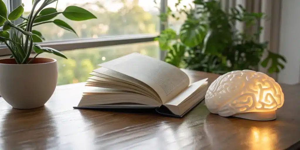 What Is the Whole Brain Approach? A Guide 10 A glowing brain lamp and an open book on a desk for a guide on the whole brain approach.