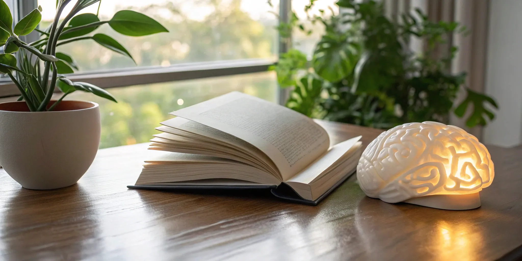 Reading Genius® 3.0 Blog 83 A glowing brain lamp and an open book on a desk for a guide on the whole brain approach.