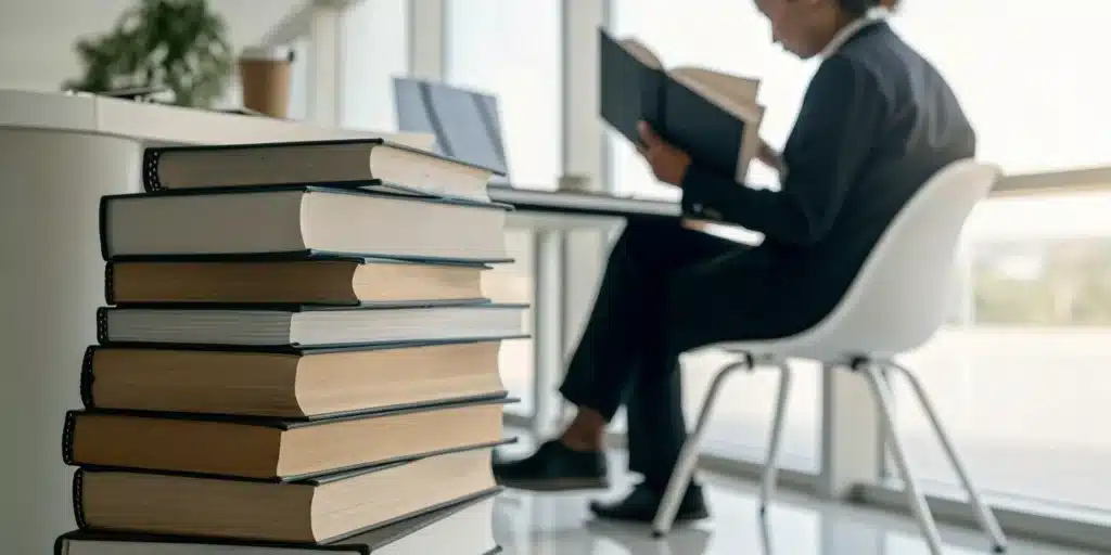 5 Top Courses to Improve Reading Concentration 9 Person at a desk with books taking a course to improve reading concentration.