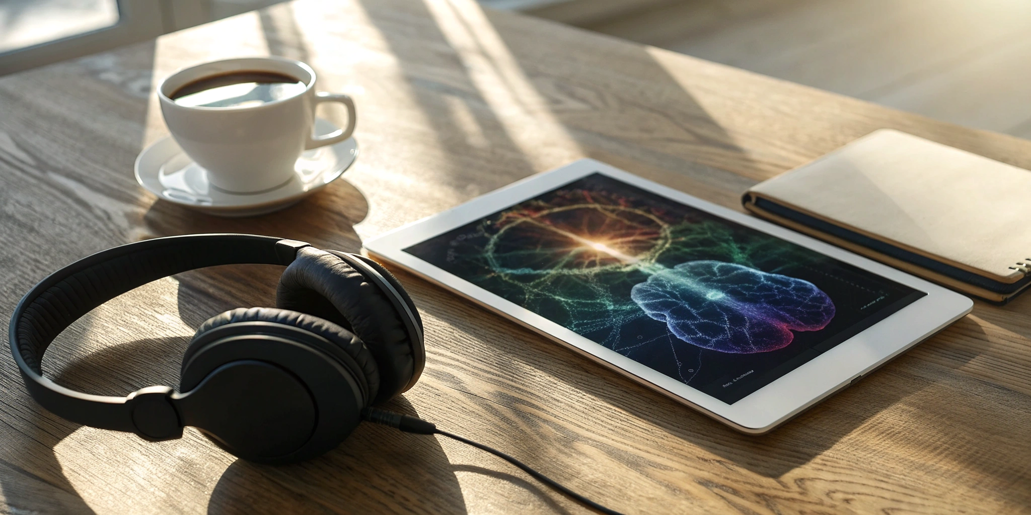 Reading Genius® 3.0 Blog 30 A tablet with one of the best brain training apps for reading, next to a notebook and coffee.