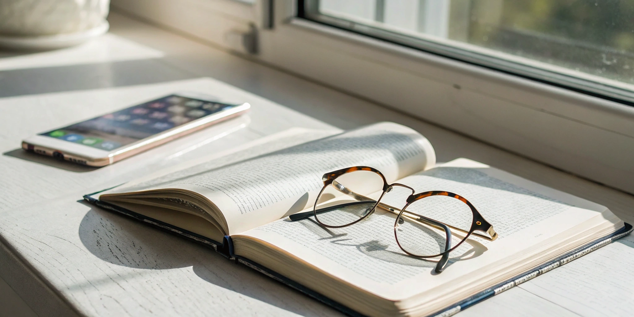 Reading Genius® 3.0 Blog 32 An open book, glasses, and a smartphone with the best app for eye training to read faster.