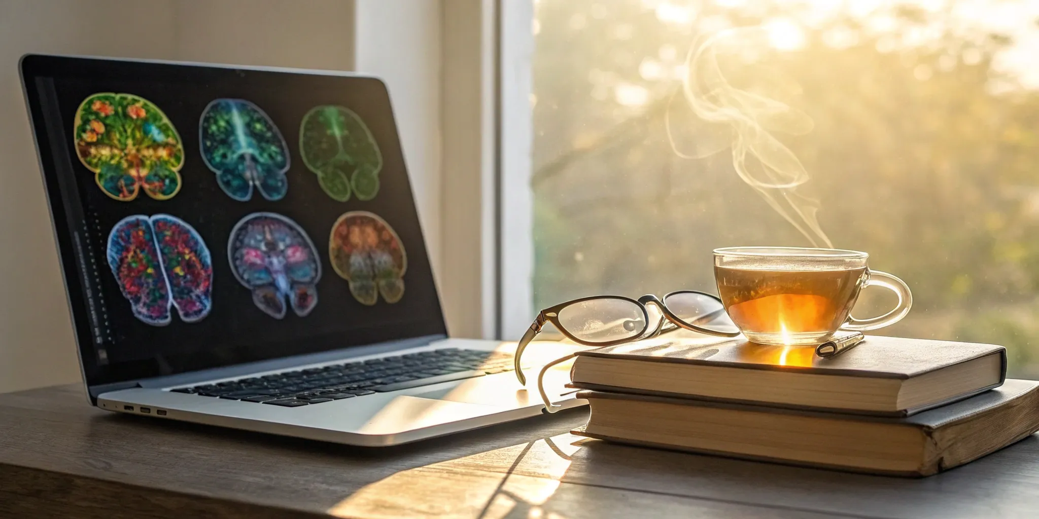 Reading Genius® 3.0 Blog 25 A laptop showing the best brain training software for memory, set on a desk with books and glasses.