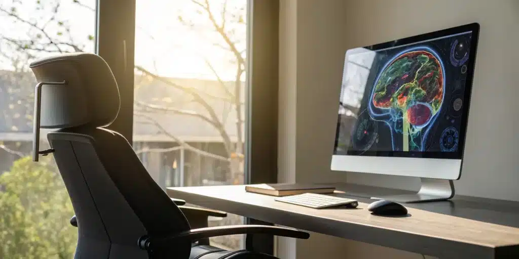 8 Best Brain Training Visualization Software for Achievers 2 The best brain training software displaying a colorful brain visualization on a monitor.