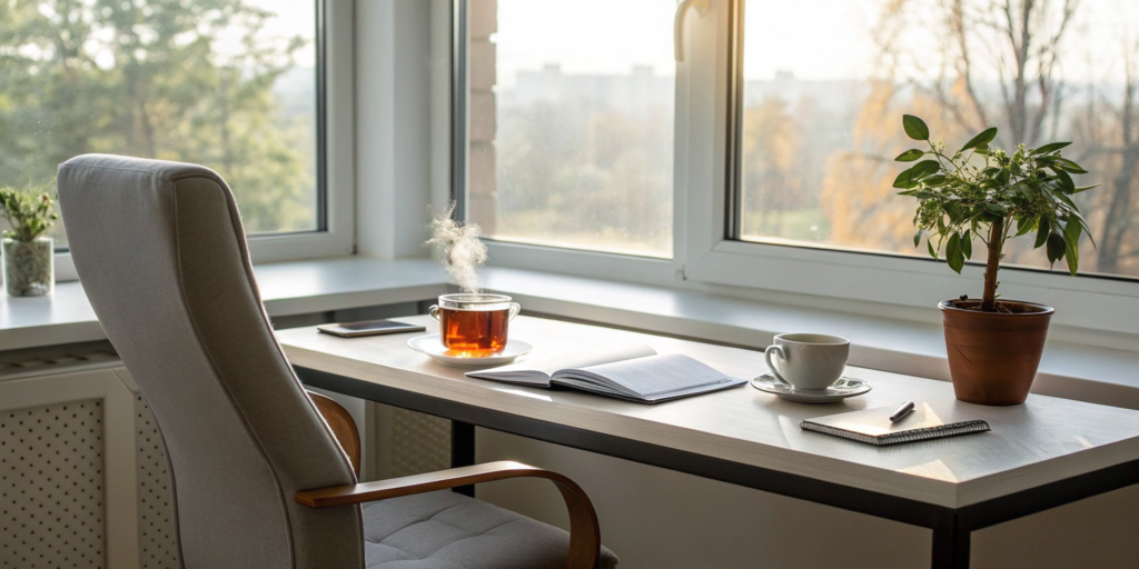 Modern workspace with an open book for an accelerated learning for reading program.
