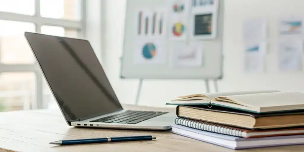 Cognitive Enhancement for Learning: 9 Proven Methods 5 A desk with a laptop and books, set up for cognitive enhancement for learning.