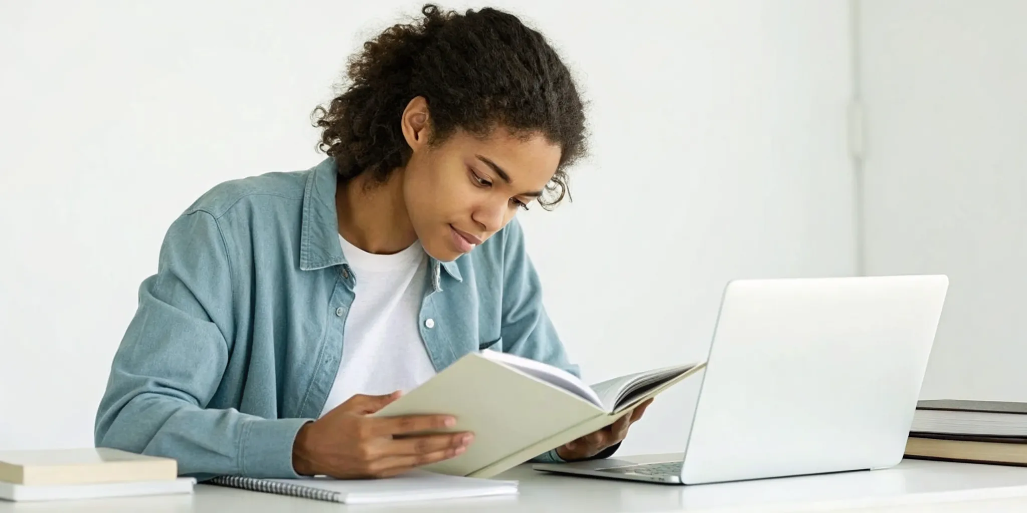 Reading Genius® 3.0 Blog 7 A student learns how to focus on reading for school, studying a book at a desk with a laptop.