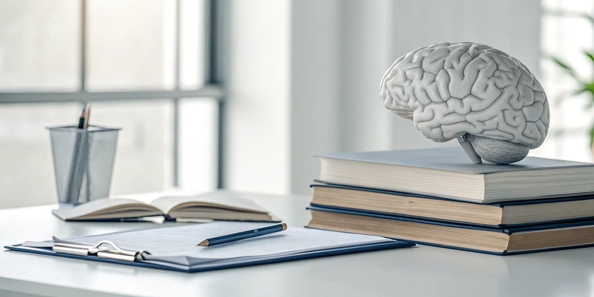 Reading Genius® 3.0 Blog 16 A study desk with a brain model and books, ready for applying brain training techniques.