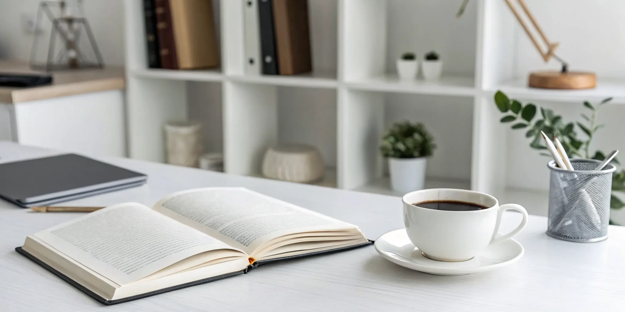 Reading Genius® 3.0 Blog 6 A tidy desk with an open book and coffee, set up to eliminate reading distractions.