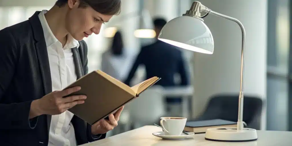 How to Focus on Reading With Noise: 9 Proven Tips 2 Man focusing on reading a book at a desk, tuning out the noise of a busy environment.