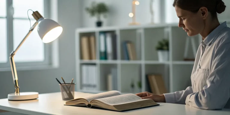 Reading Technique to Overcome Traditional Learning Failures 6 A woman learning how to focus when reading the Bible at a quiet desk with a lamp.