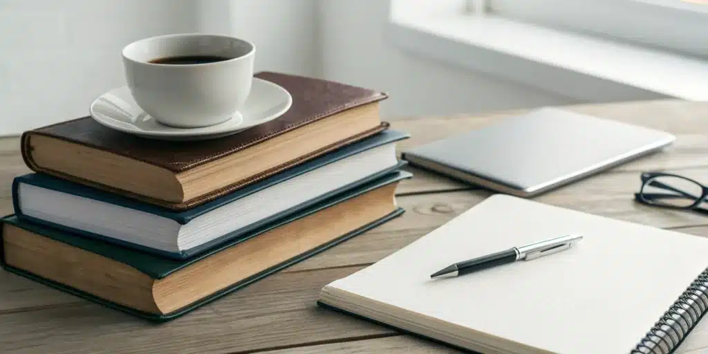 How to Improve Memory and Recall for Reading (for good) 4 A desk with books and a notebook for actively improving memory and recall for reading.