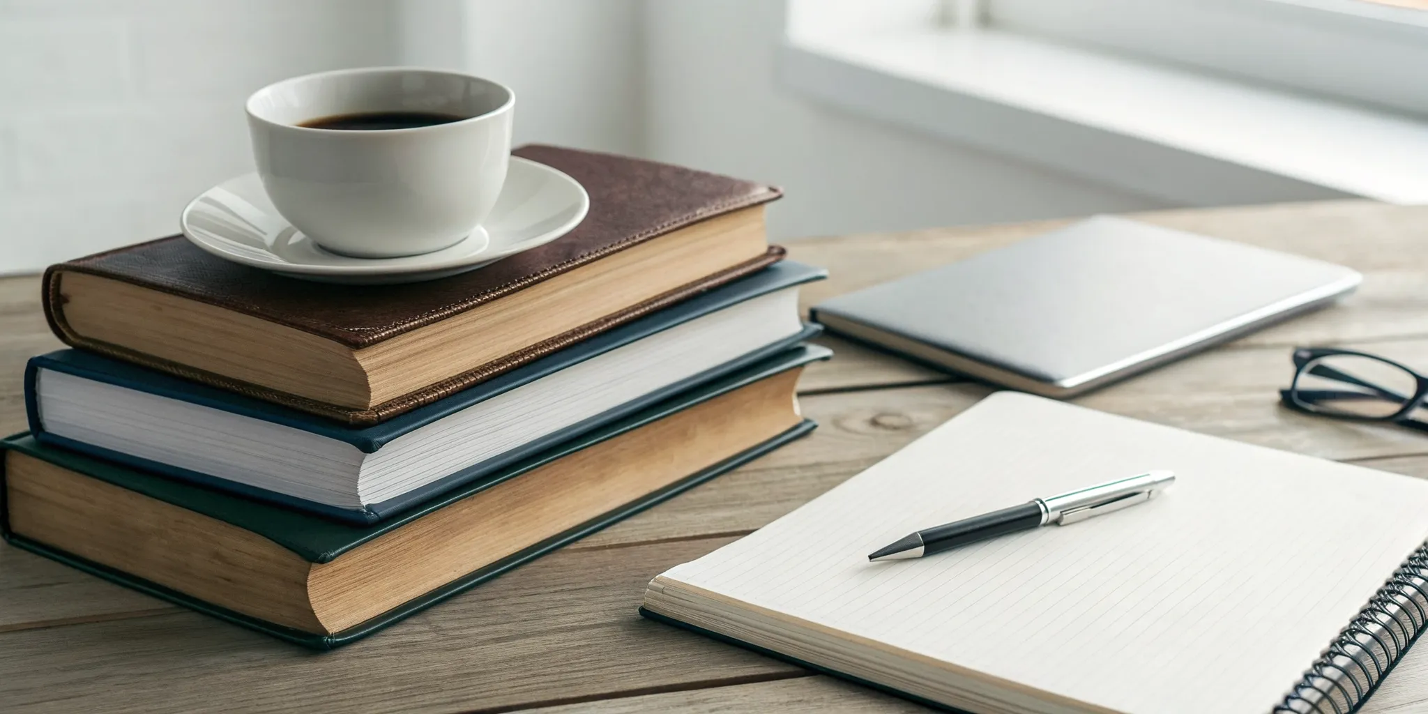 Reading Genius® 3.0 Blog 4 A desk with books and a notebook for actively improving memory and recall for reading.